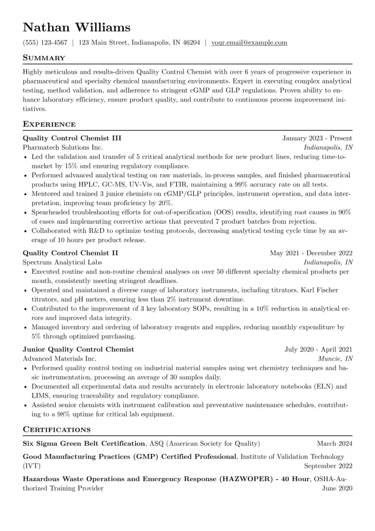 Quality Control Chemist Resume Example preview