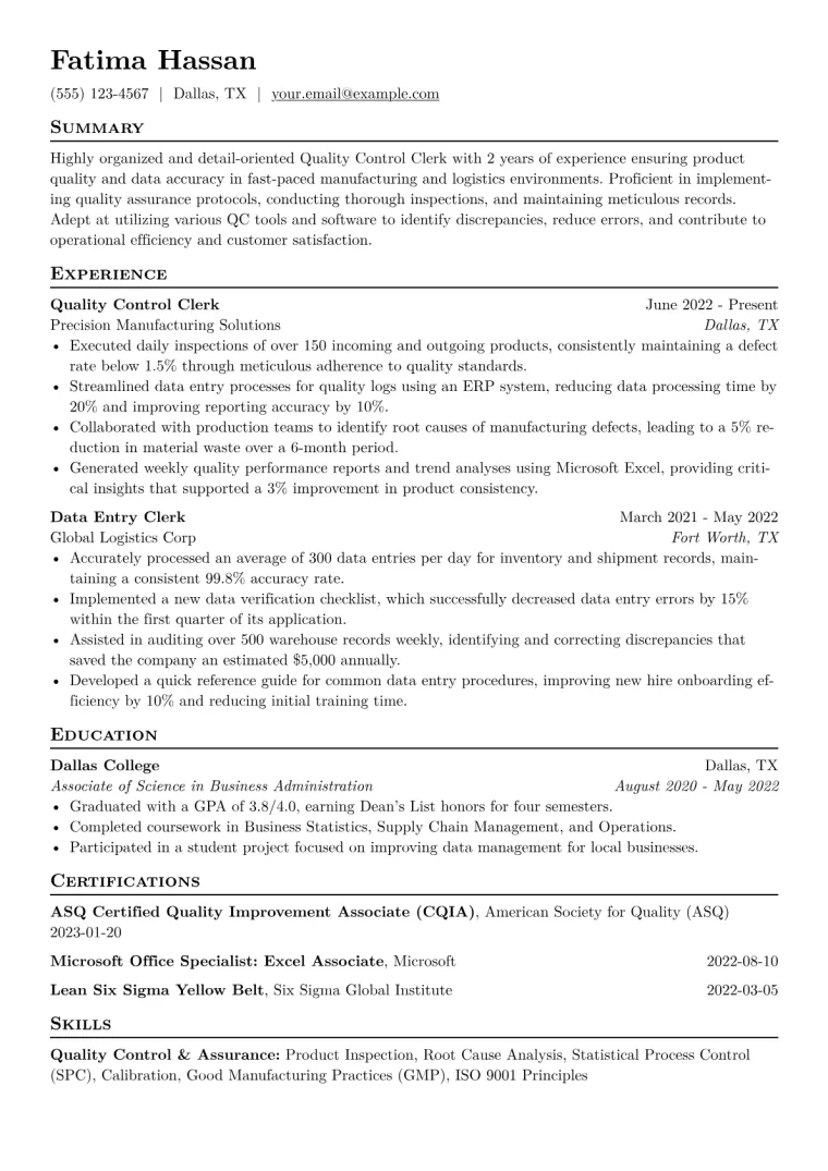 Quality Control Clerk Resume Example CV template preview