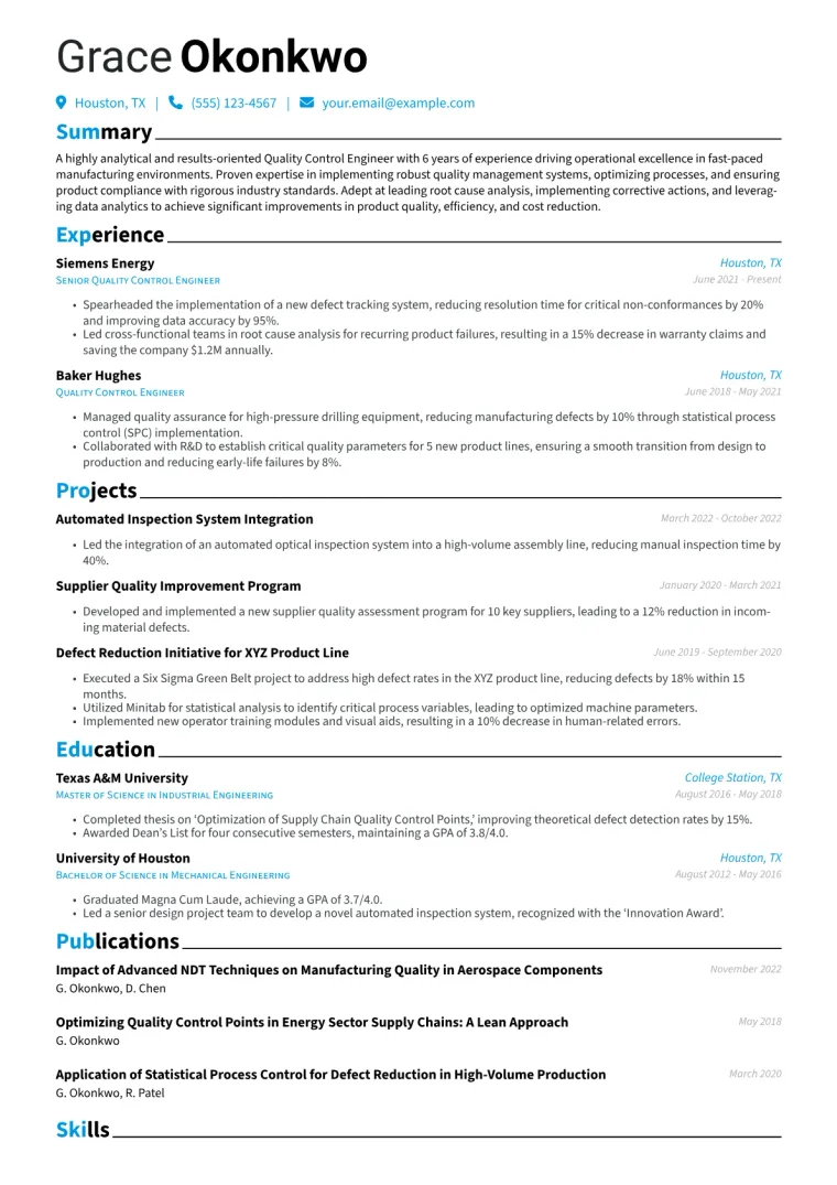 Quality Control Engineer Resume Example CV template preview