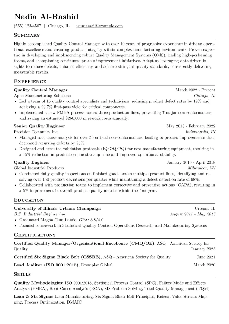 Quality Control Manager Resume Example CV template preview