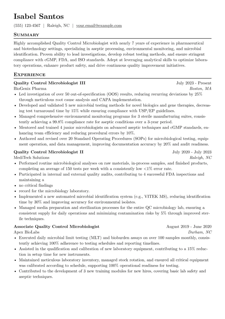 Quality Control Microbiologist Resume Example preview