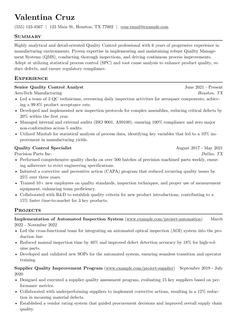Quality Control Resume Example CV template preview