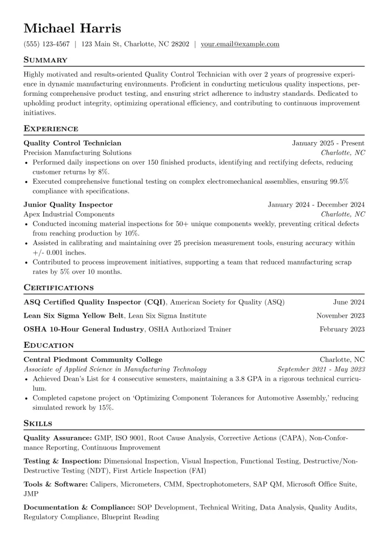 Quality Control Technician Resume Example preview