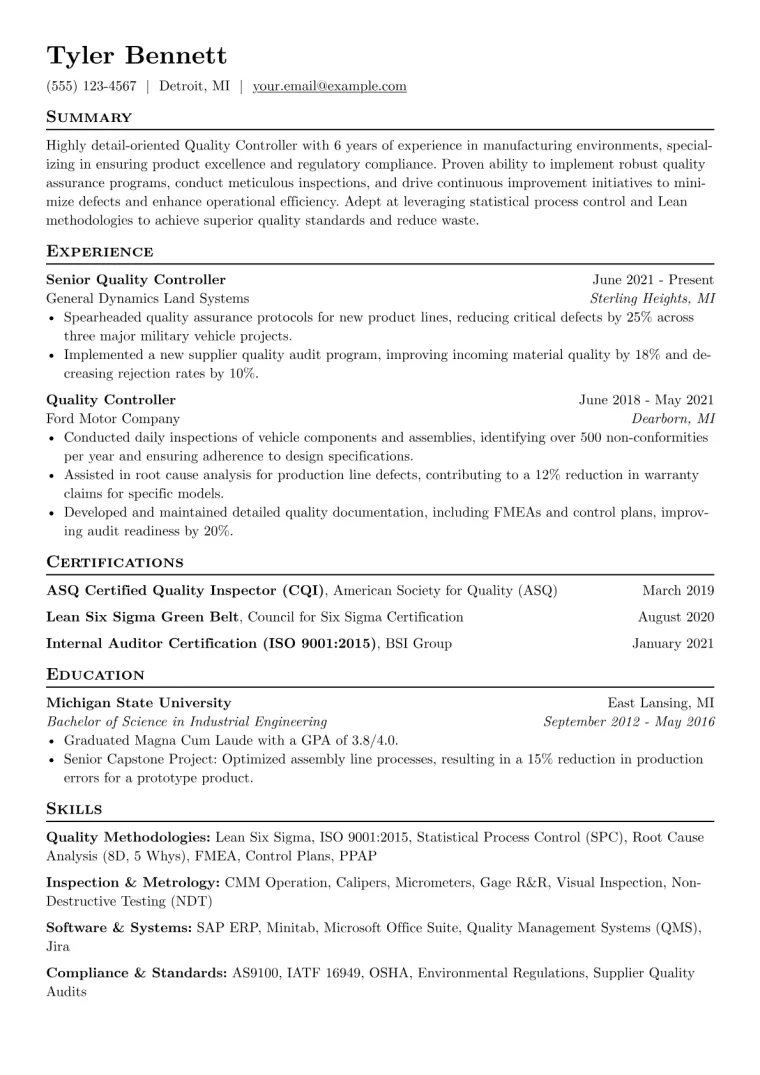 Quality Controller Resume Example CV template preview
