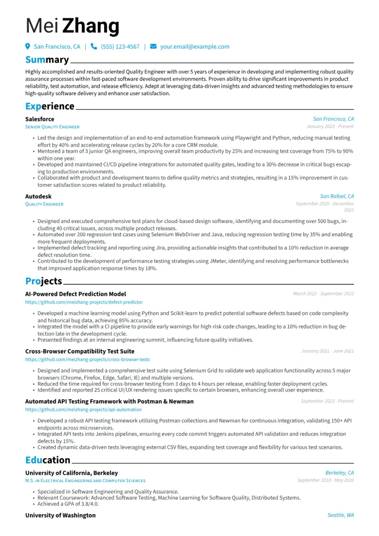 Quality Engineering Resume Example CV template preview