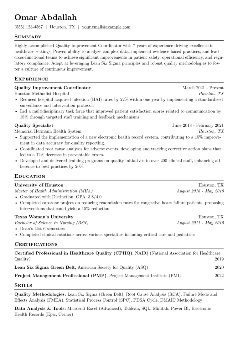 Quality Improvement Coordinator Resume Example CV template preview
