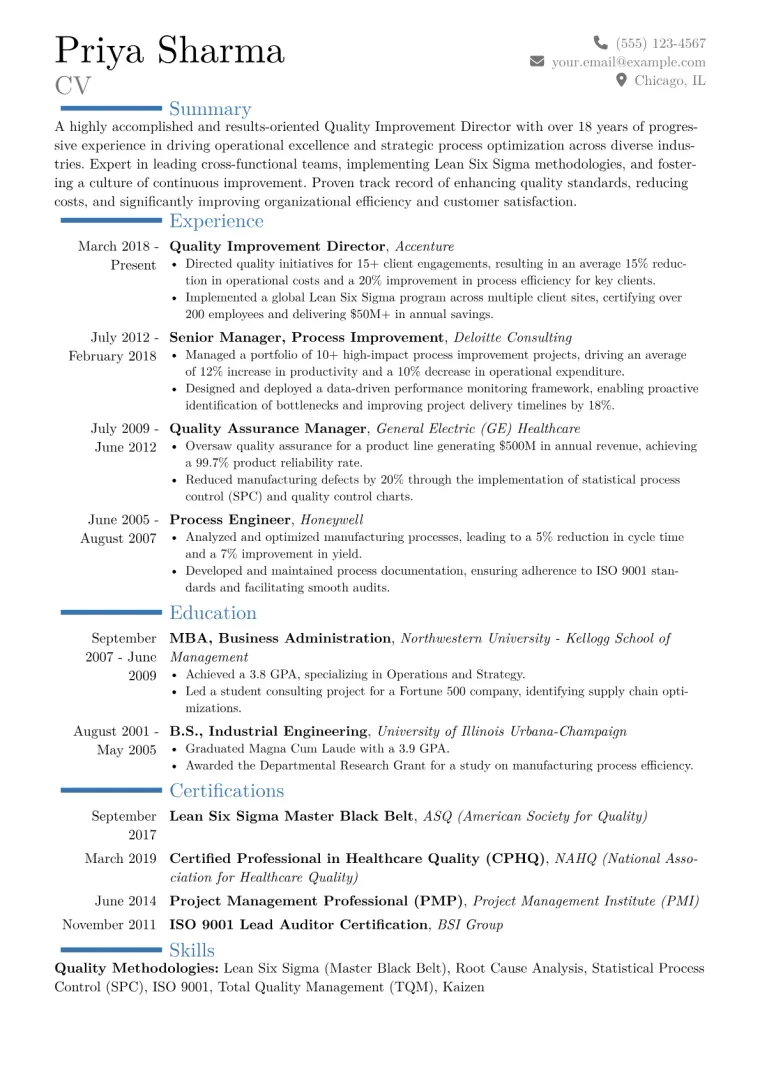 Quality Improvement Director Resume Example CV template preview