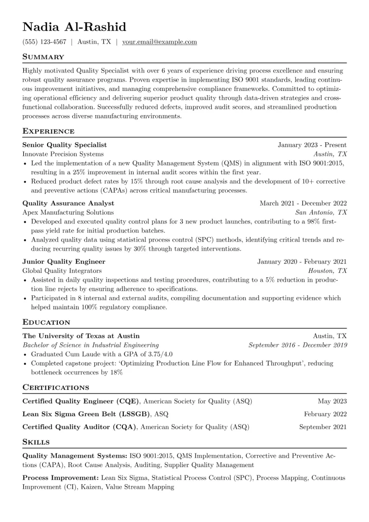 Quality Specialist Resume Example CV template preview