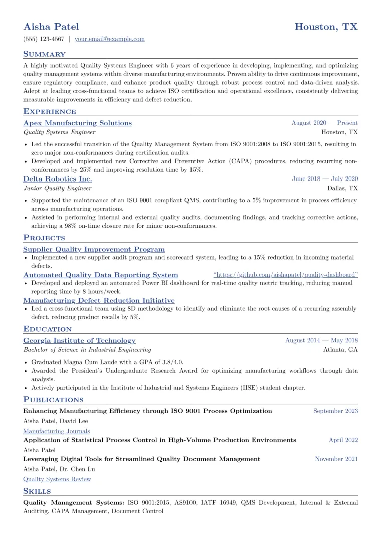 Quality Systems Engineer Resume Example CV template preview