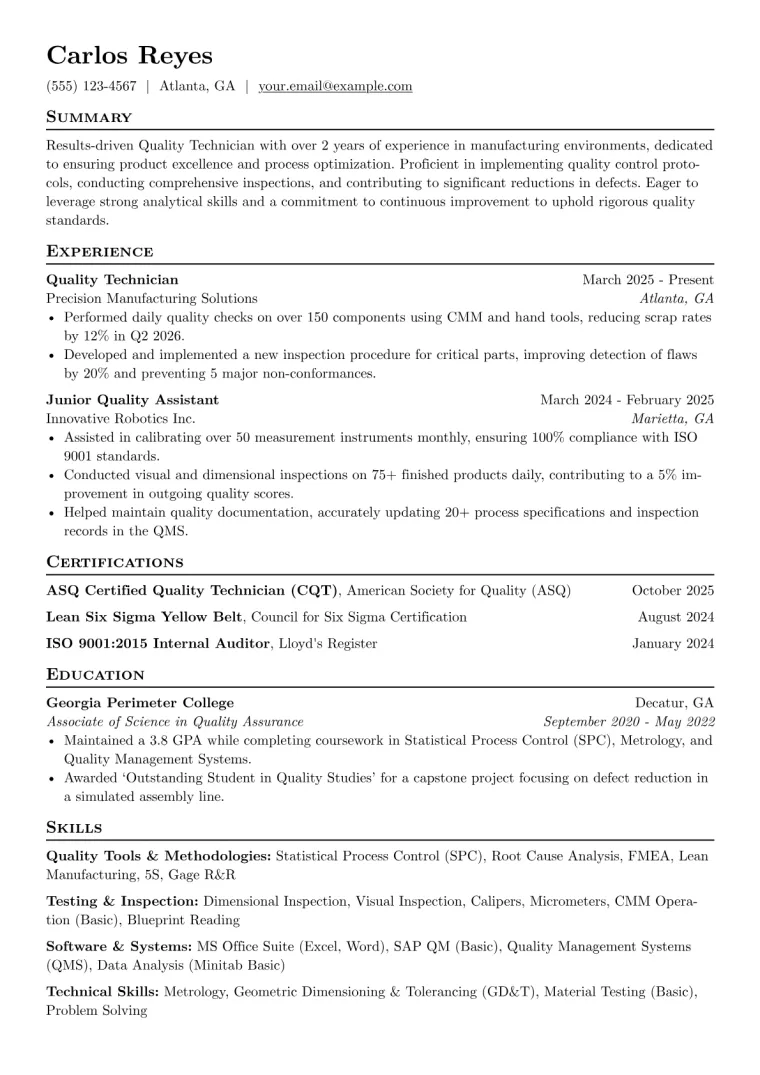 Quality Technician Resume Example preview