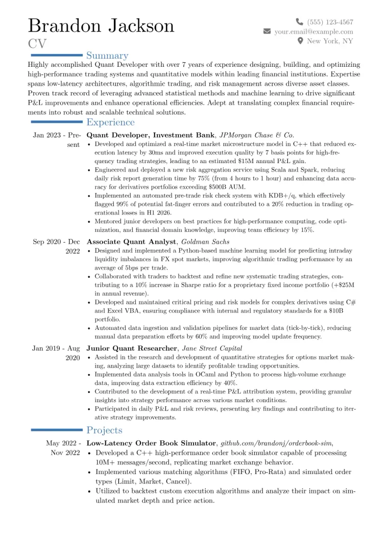 Quant Developer Resume Example CV template preview