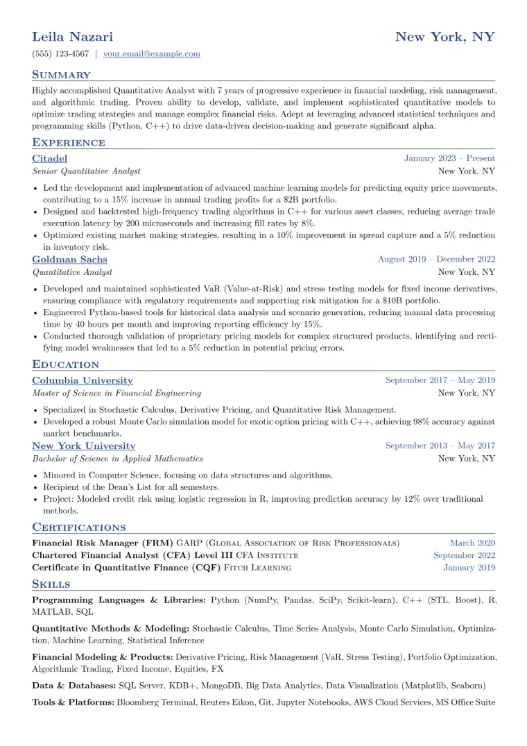 Quant Resume Example CV template preview