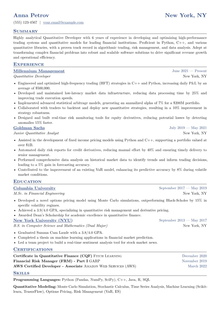 Quantitative Developer Resume Example CV template preview