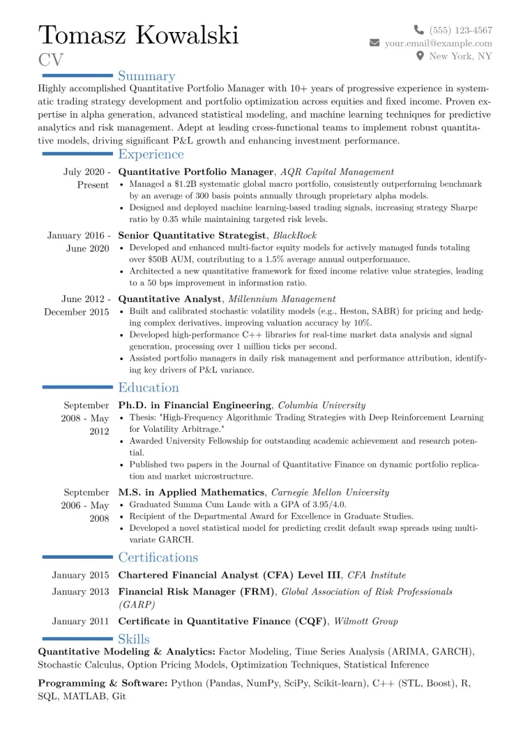 Quantitative Portfolio Manager Resume Example CV template preview