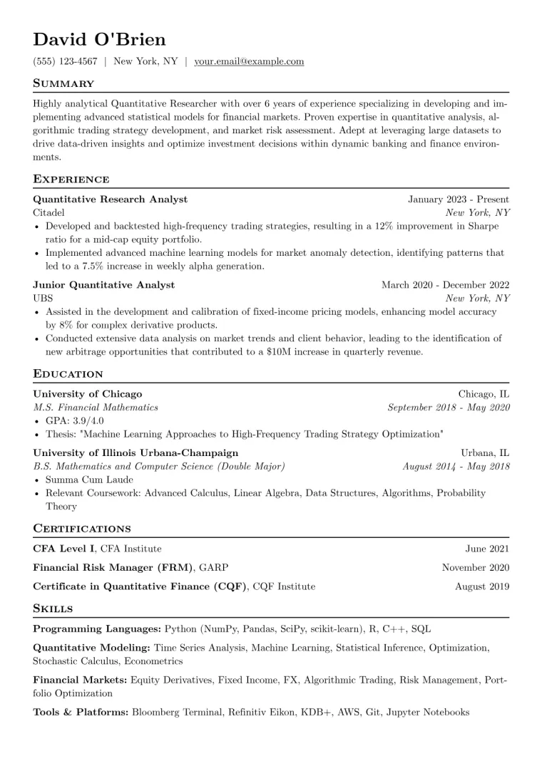 Quantitative Researcher Resume Example CV template preview