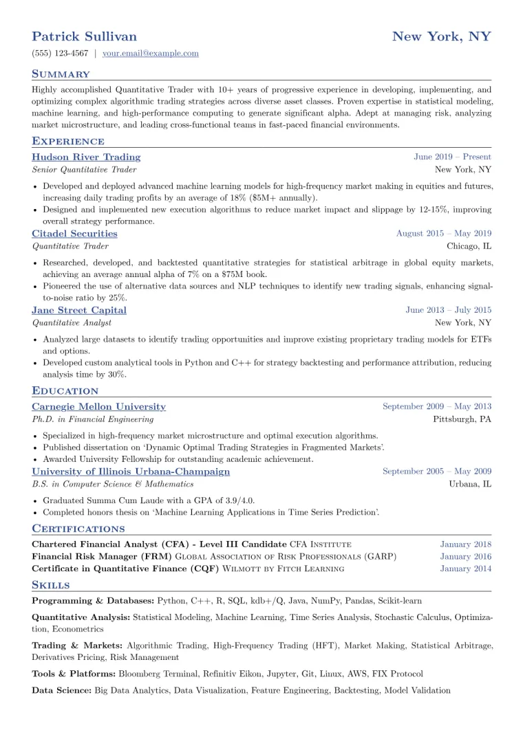 Quantitative Trader Resume Example CV template preview