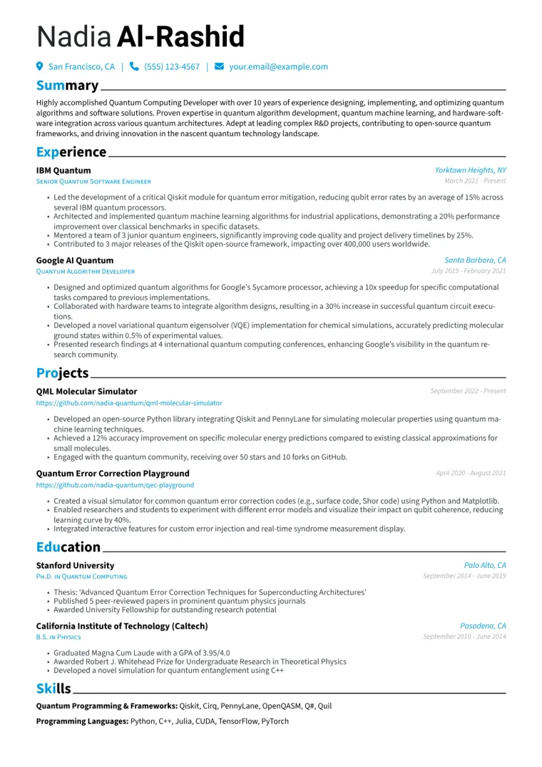 Quantum Computing Developer Resume Example CV template preview