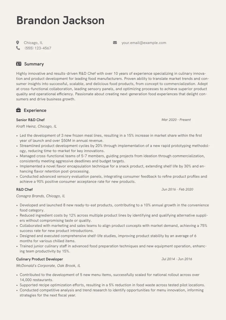 R&D Chef Resume Example CV template preview