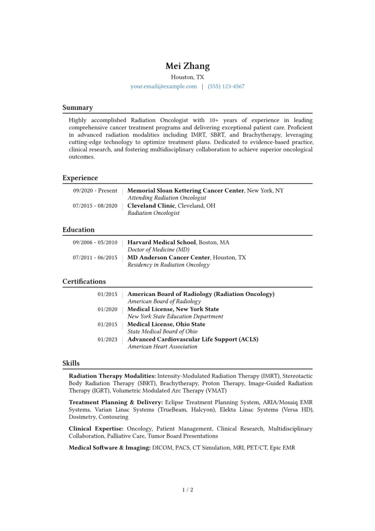Radiation Oncologist Resume Example CV template preview