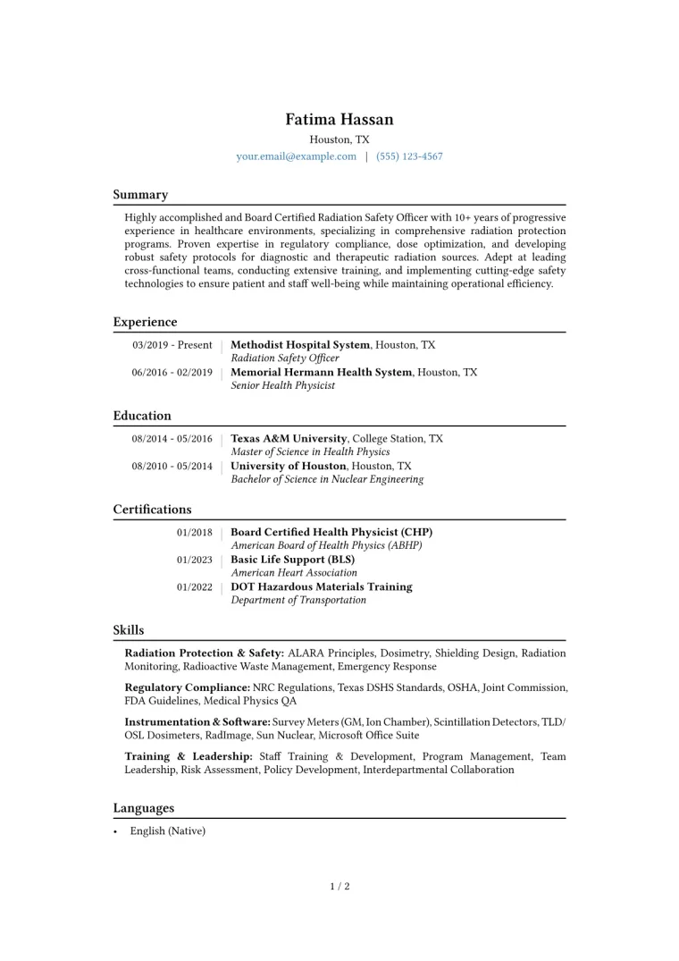 Radiation Safety Officer Resume Example CV template preview