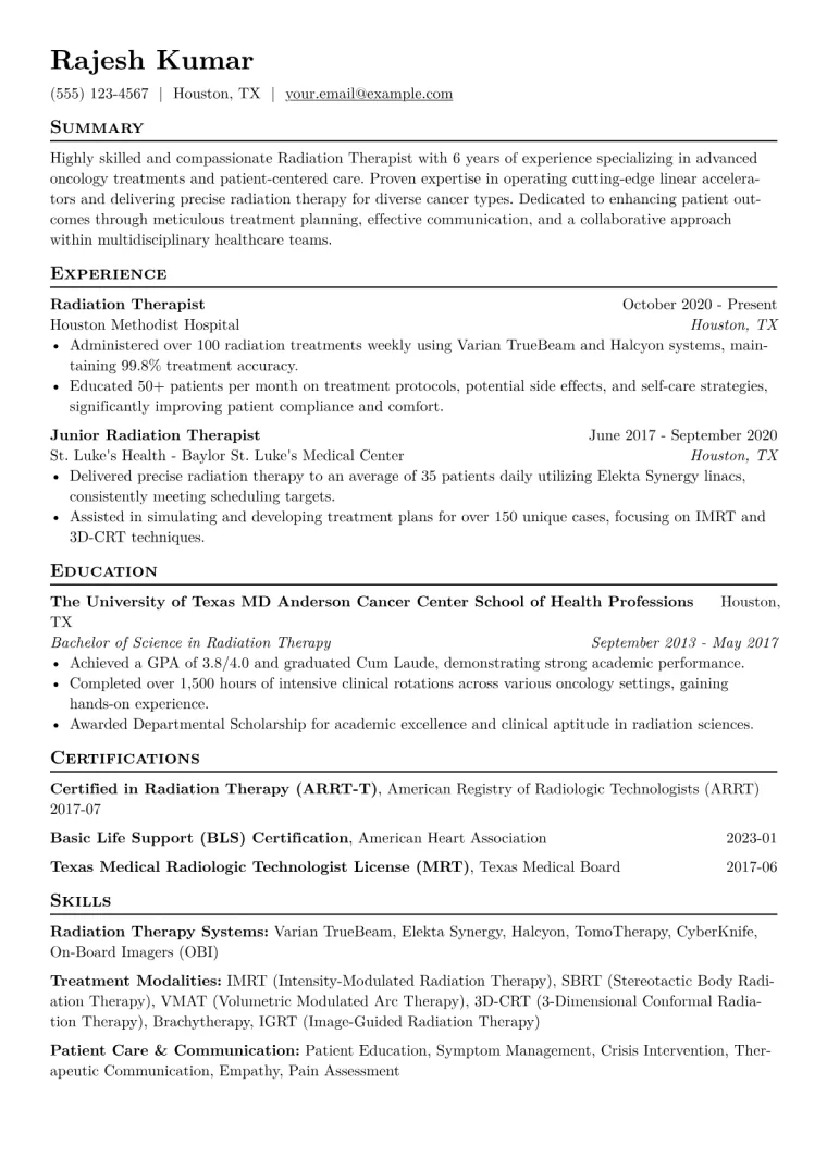 Radiation Therapist Resume Example CV template preview