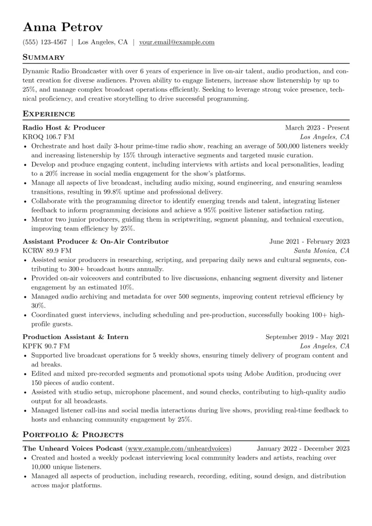 Radio Broadcaster Resume Example CV template preview