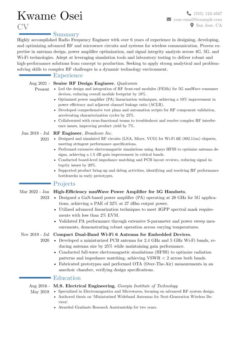 Radio Frequency Engineer Resume Example CV template preview