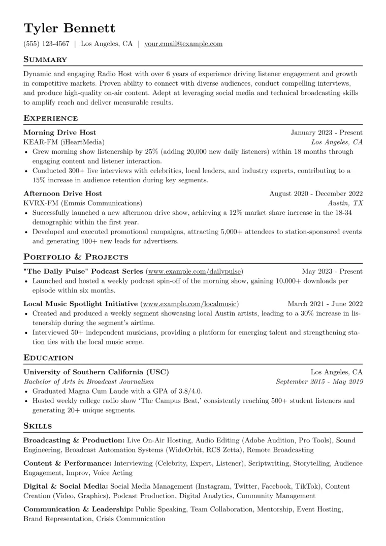 Radio Host Resume Example CV template preview