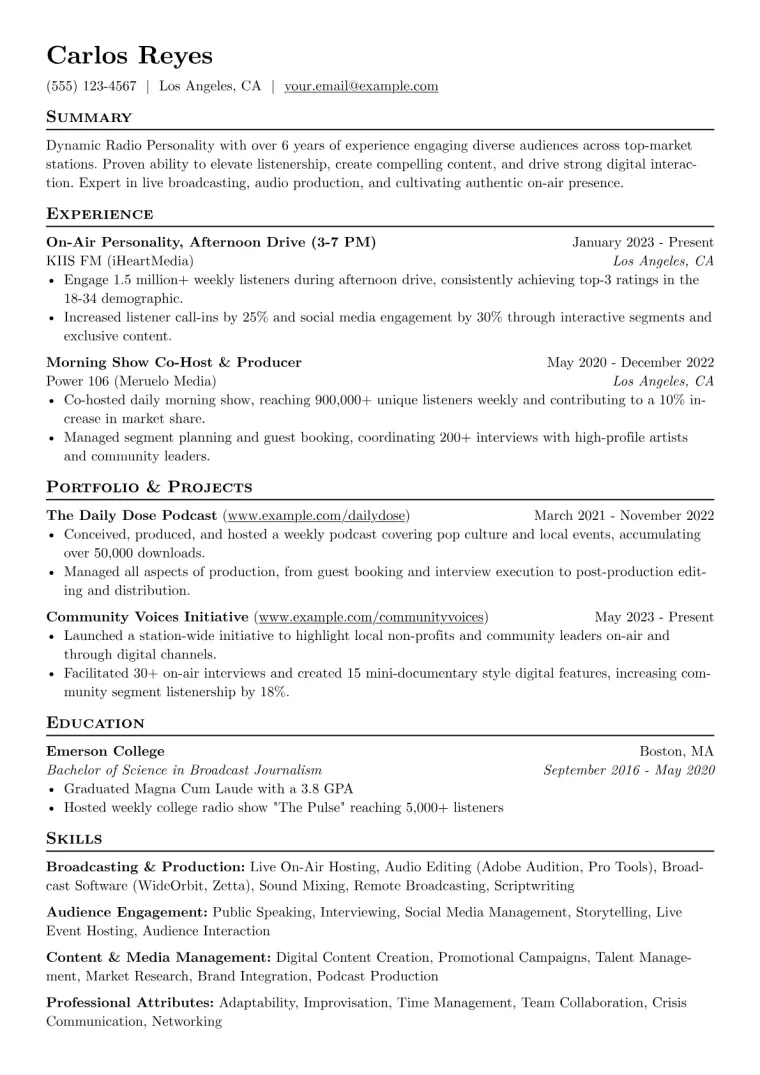 Radio Personality Resume Example preview