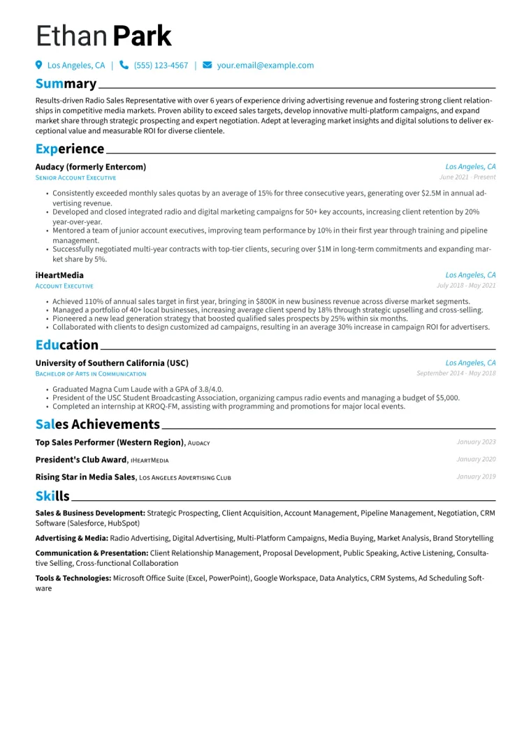 Radio Sales Representative Resume Example CV template preview