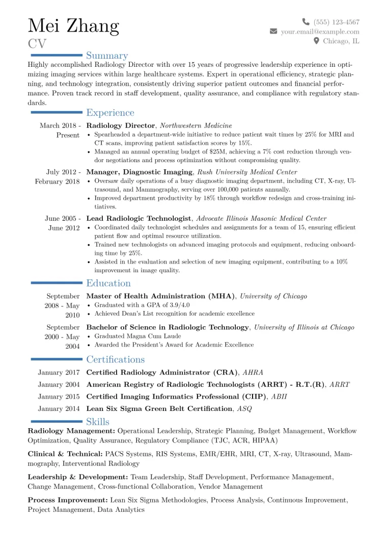 Radiology Director Resume Example CV template preview