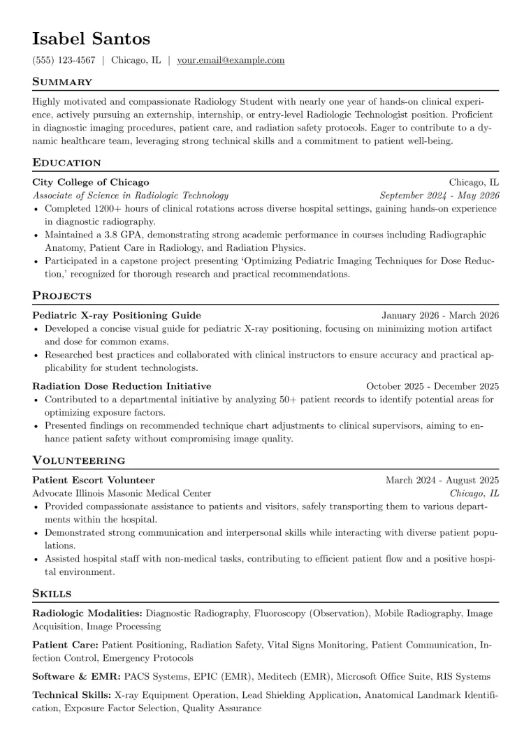 Radiology Student Resume Example CV template preview