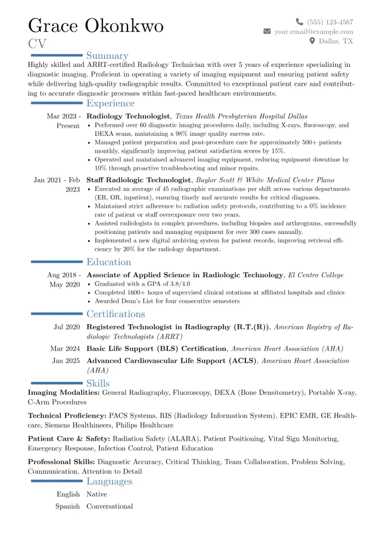 Radiology Technician Resume Example CV template preview