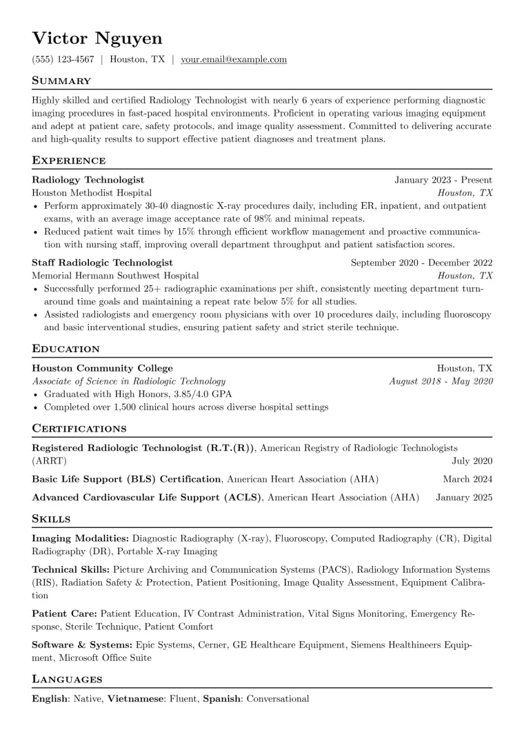 Radiology Technologist Resume Example CV template preview