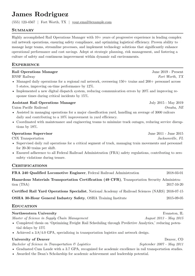 Rail Operations Manager Resume Example CV template preview
