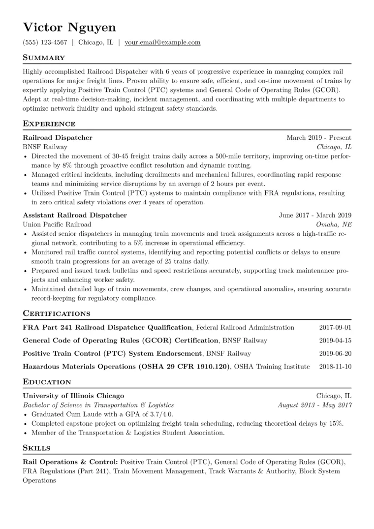 Railroad Dispatcher Resume Example CV template preview
