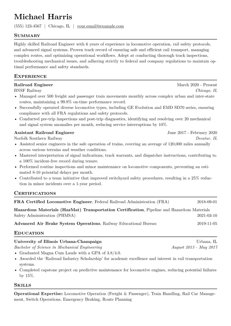 Railroad Engineer Resume Example CV template preview