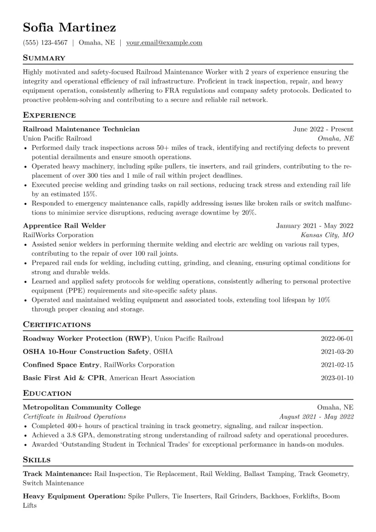 Railroad Maintenance Worker Resume Example CV template preview