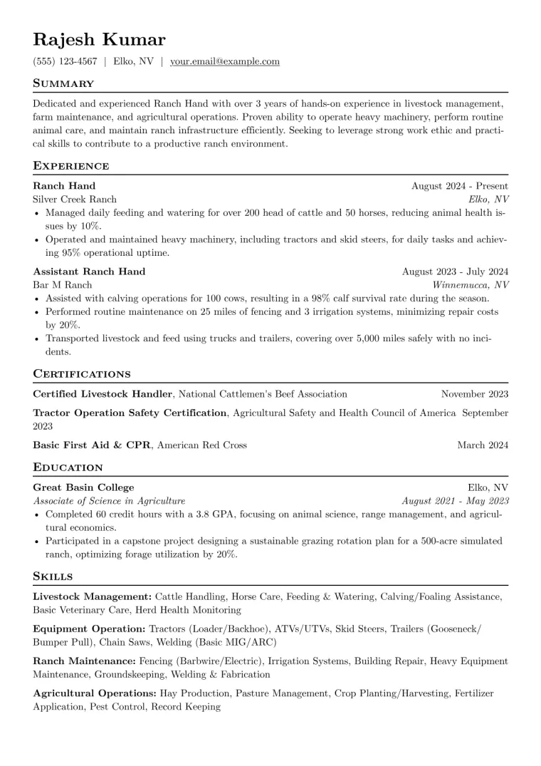 Ranch Hand Resume Example CV template preview