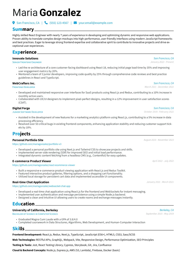 React Engineer Resume Example preview