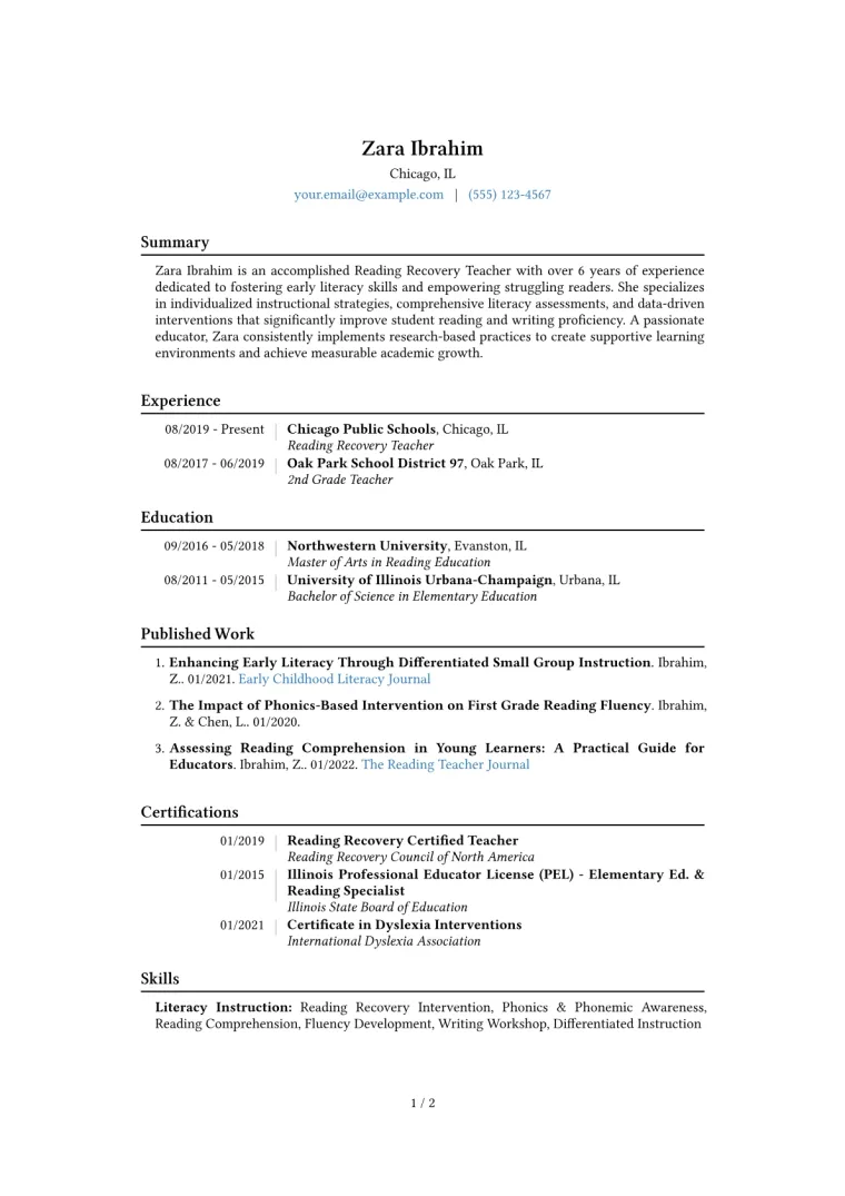 Reading Recovery Teacher Resume Example CV template preview