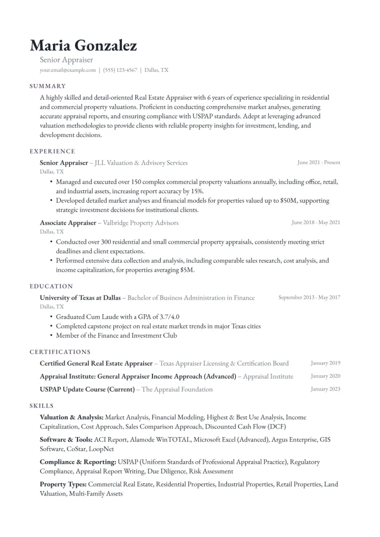Real Estate Appraiser Resume Example CV template preview