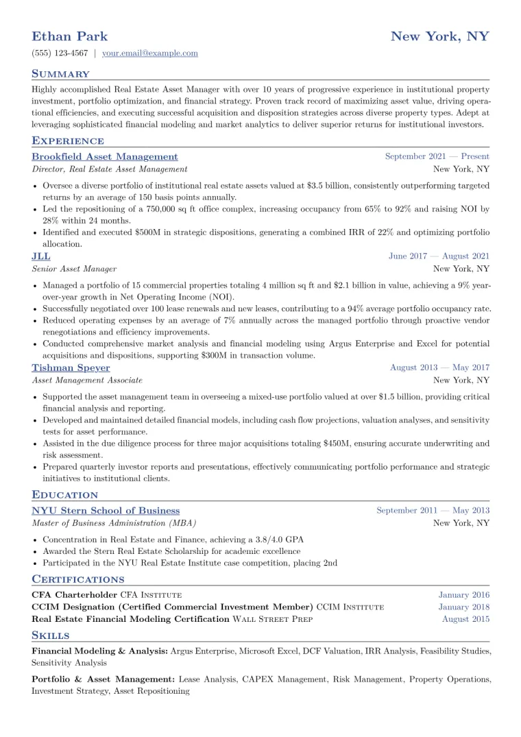 Real Estate Asset Manager Resume Example CV template preview