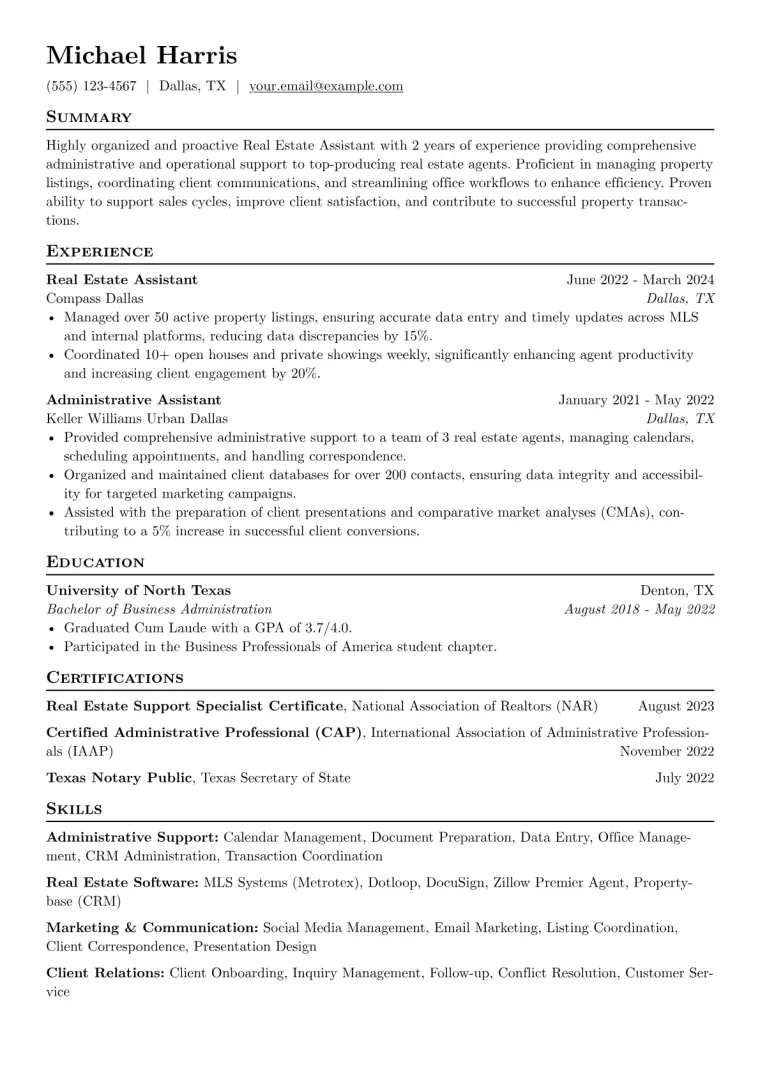 Real Estate Assistant Resume Example CV template preview