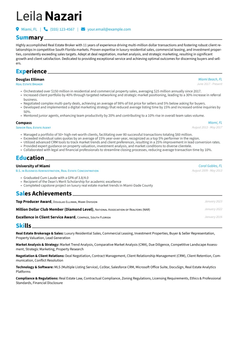 Real Estate Broker Resume Example CV template preview