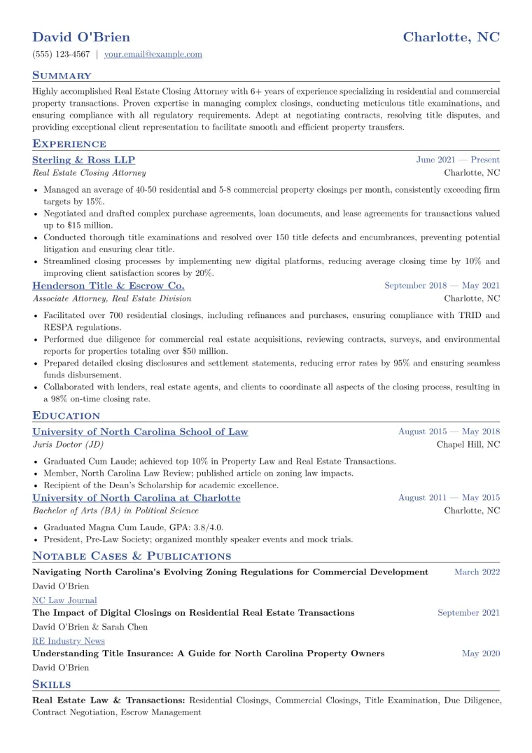 Real Estate Closing Attorney Resume Example CV template preview