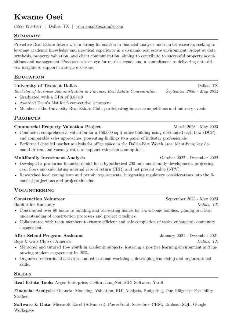 Real Estate Intern Resume Example