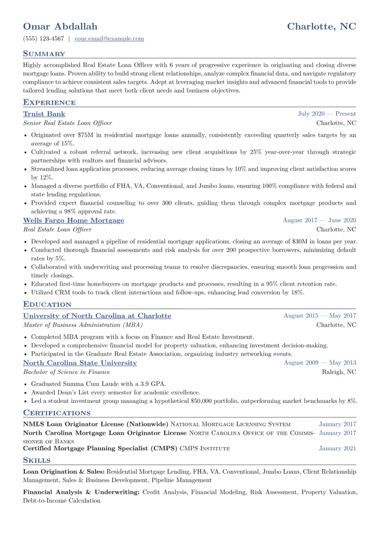 Real Estate Loan Officer Resume Example CV template preview