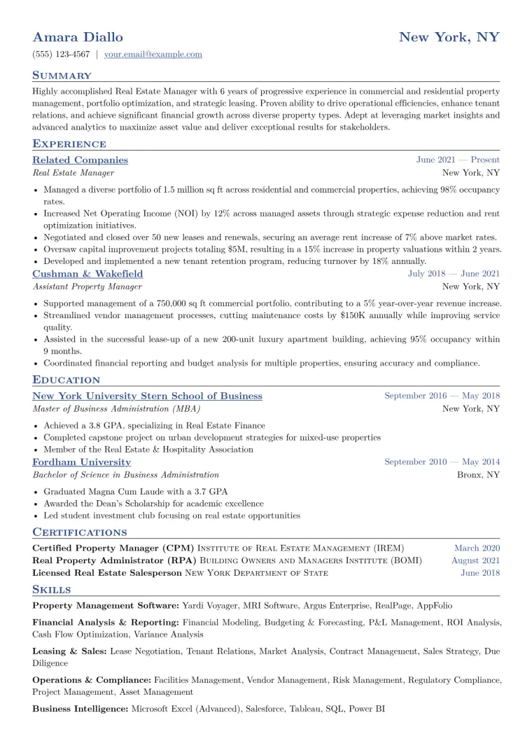 Real Estate Manager Resume Example CV template preview
