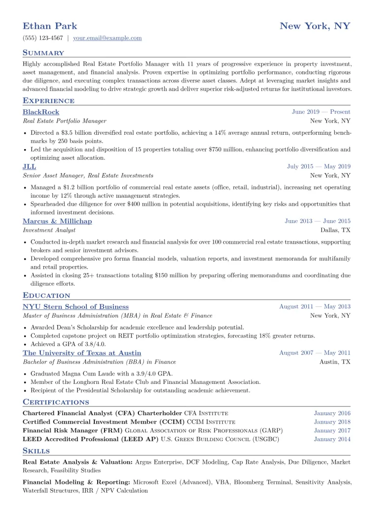 Real Estate Portfolio Manager Resume Example CV template preview